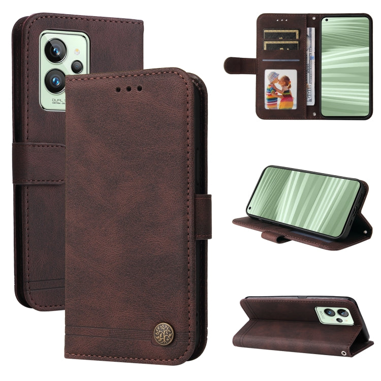 Brown leather flip phone case with metal button, card slots, and kickstand