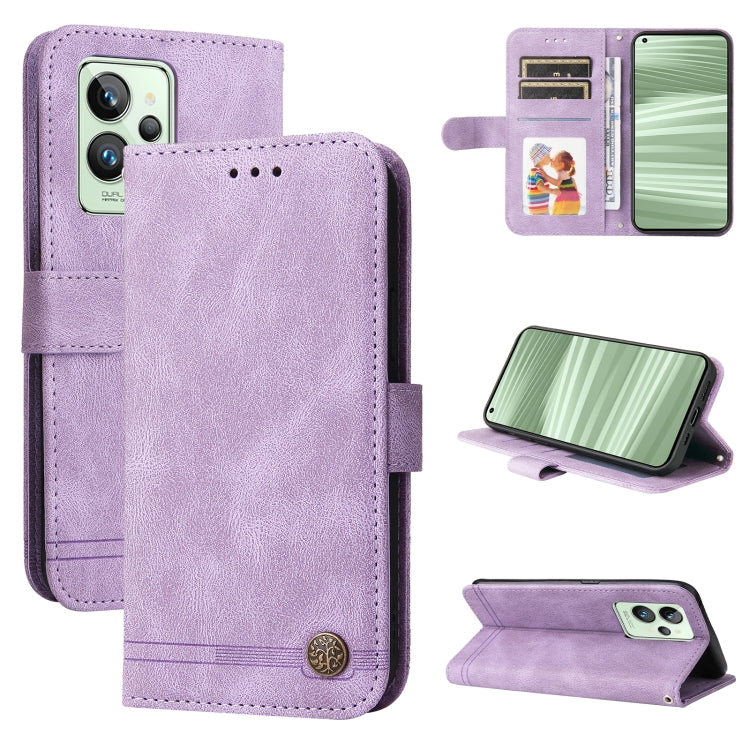Lavender leather flip phone case with metal button, card slots, and side stand