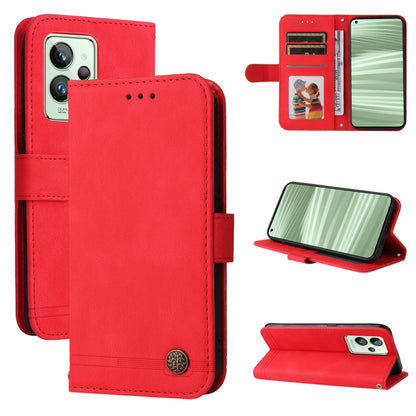 Red leather flip phone case with metal button, card slots, and kickstand