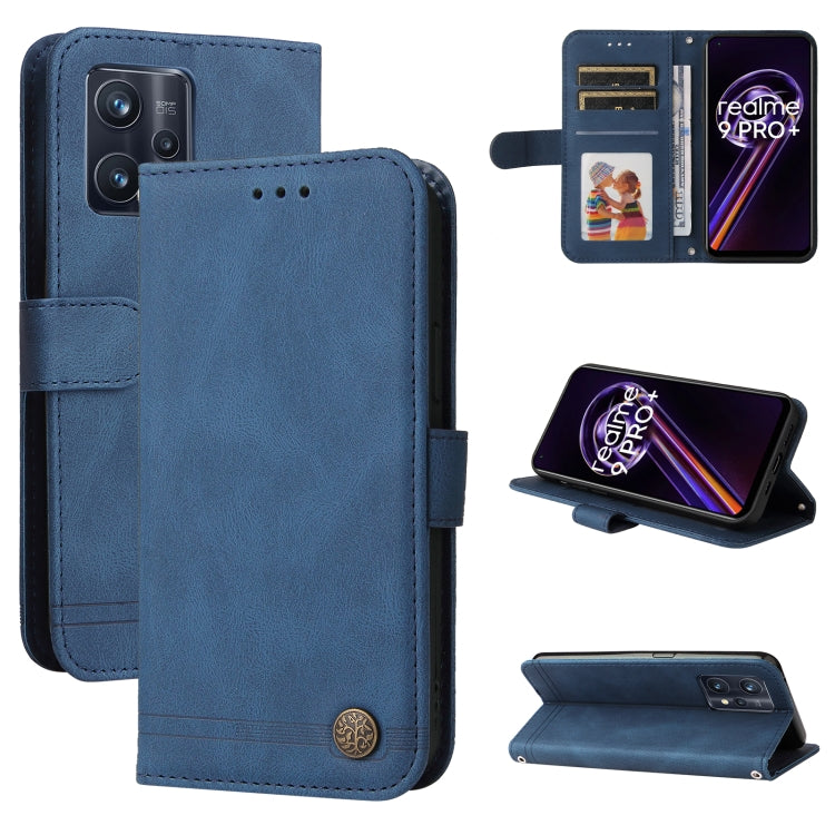 Blue horizontal flip leather phone case with metal button and card slots