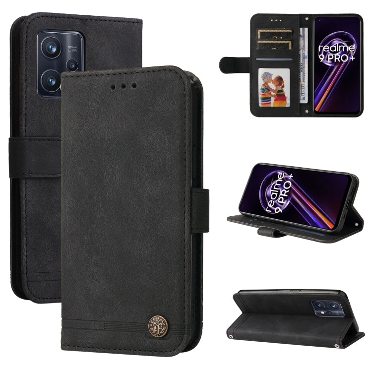 Dark black leather flip phone case with metal button, card slots, and kickstand