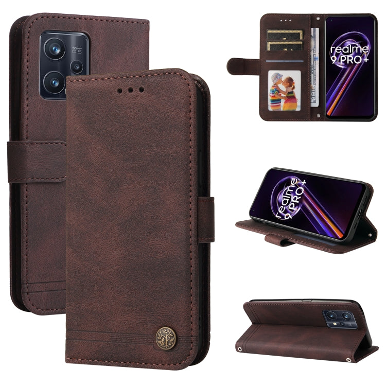 Brown leather flip phone case with metal button, card slots, and kickstand