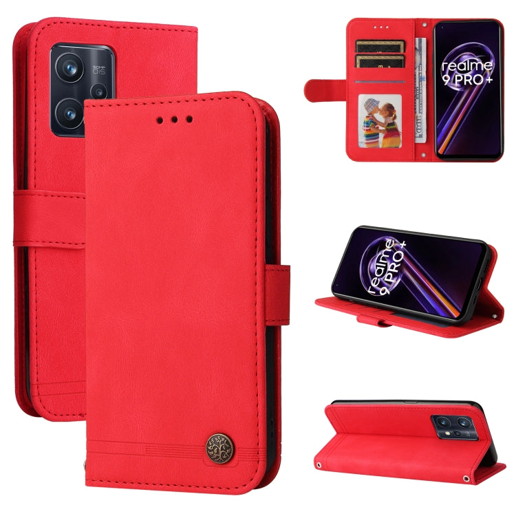Bright red leather flip phone case with metal button, card slots, and kickstand