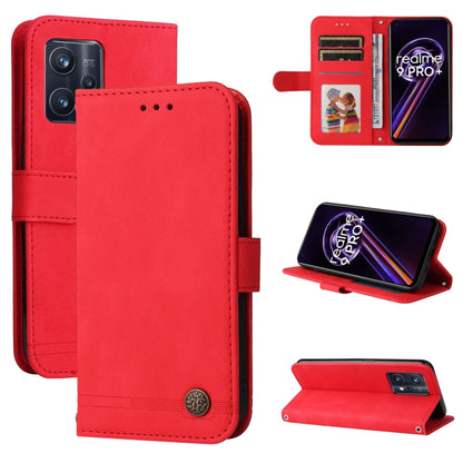 Bright red leather flip phone case with metal button, card slots, and kickstand