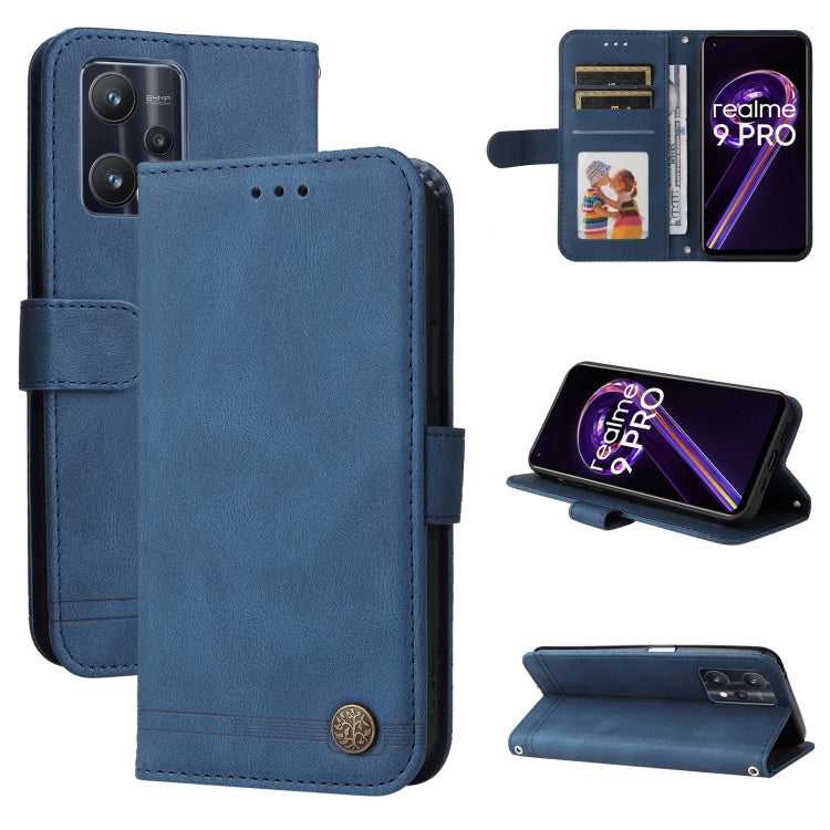 Blue leather horizontal flip case with magnetic strap and metal button, card slots