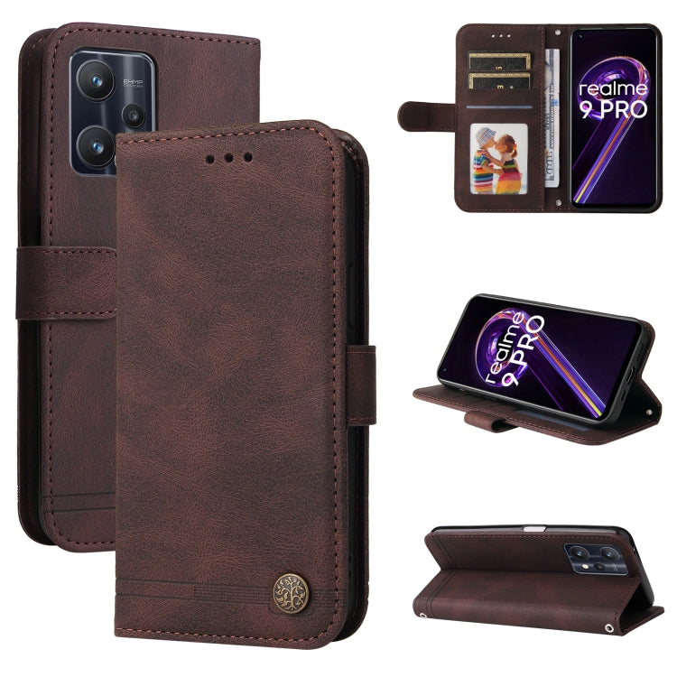 Brown horizontal flip leather phone case with metal button and card slots