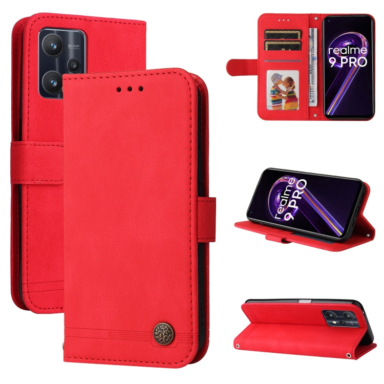 Red horizontal flip leather phone case with metal button and card slots