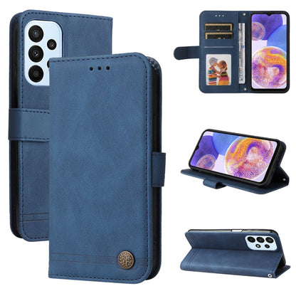 Blue horizontal flip leather phone case with metal button and card slots