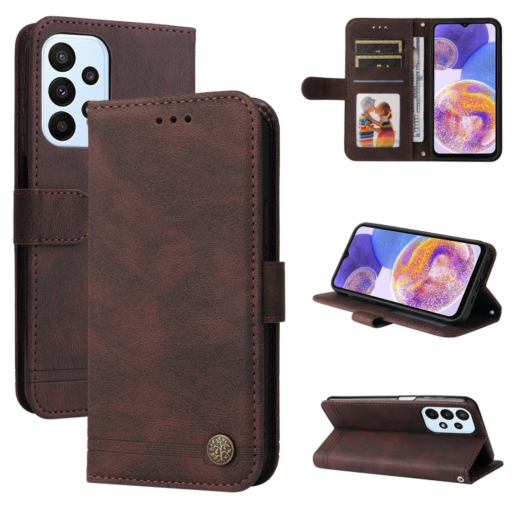 Brown horizontal flip leather phone case with metal button and card slots