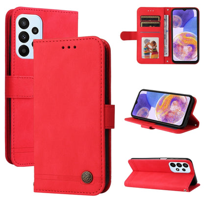 Red horizontal flip leather phone case with metal button and card slots