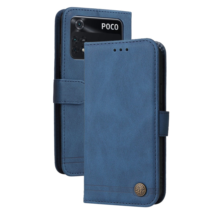 Blue leather flip phone case with side strap and metal button detail