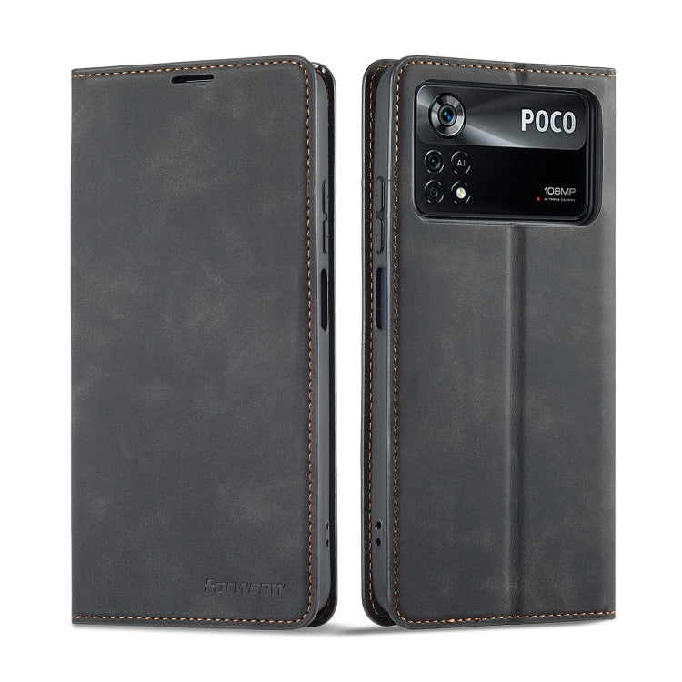 Black leather flip phone case with stitched edges and cutouts for ports and camera
