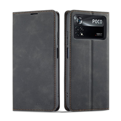Black leather flip phone case with stitched edges and cutouts for ports and camera