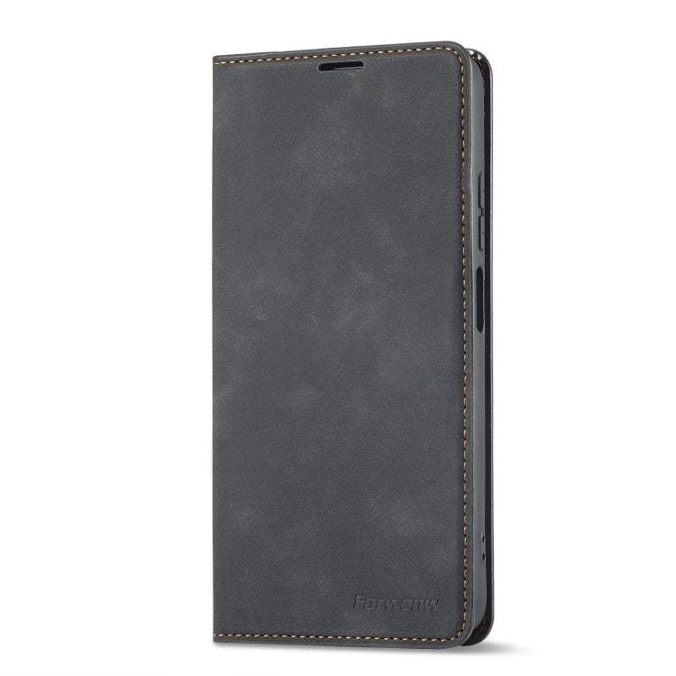 Black leather flip phone case with slim front cover and precise side cutouts