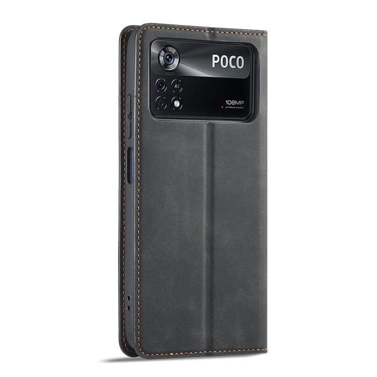 Black leather flip phone case with camera cutout and POCO branding on back panel
