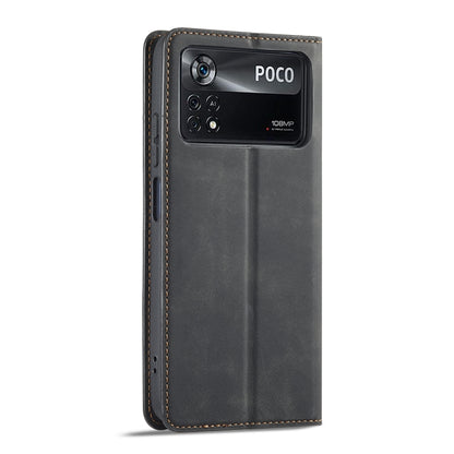 Black leather flip phone case with camera cutout and POCO branding on back panel