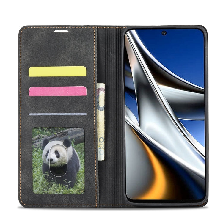 Black leather flip case with card slots, multi-color tabs, and panda window
