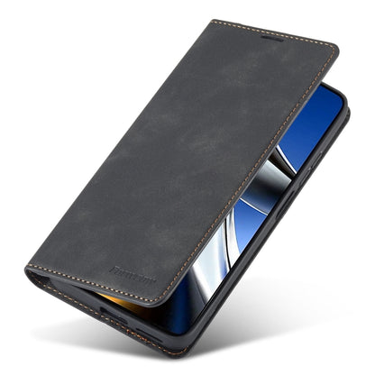 Black leather flip phone case with front cover angled as a viewing stand