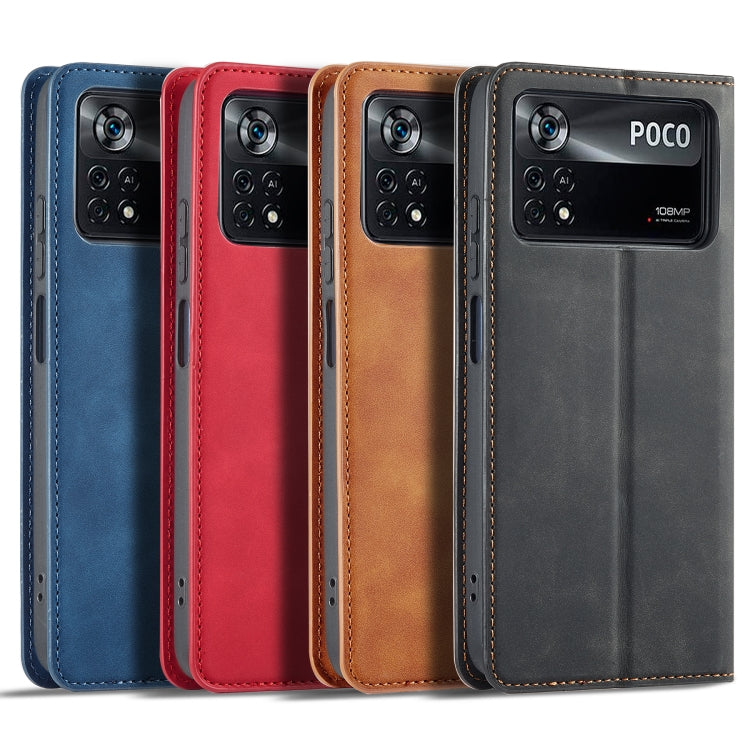 Set of leather flip phone cases in blue, red, brown, and black with stitched trim