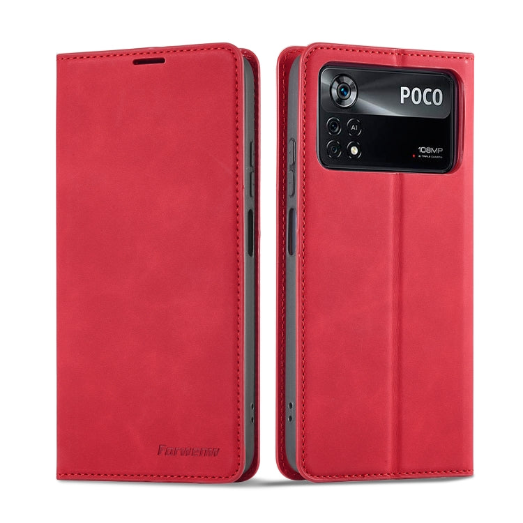 Red leather flip phone case with stitched edges and cutouts for ports and camera