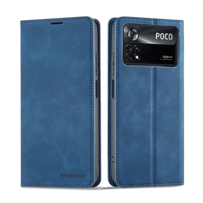 Blue leather flip phone case with stitched trim and POCO camera cutout on back