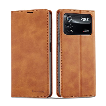 Brown leather flip phone case with stitched edges and camera cutout on back