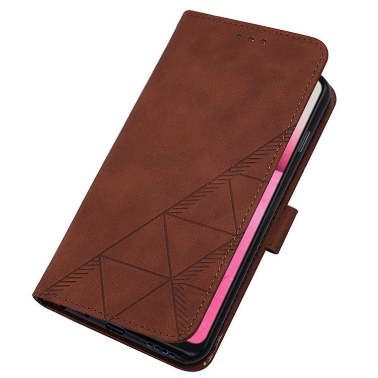 Brown flip phone case with 3D geometric embossing, front closure and card slot