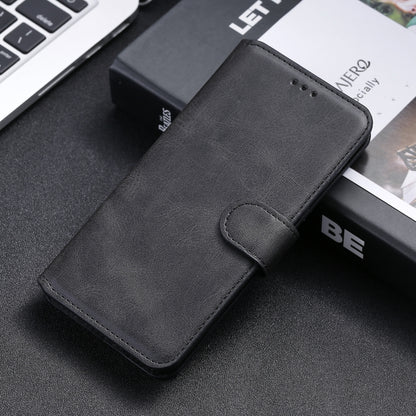 Black PU TPU horizontal flip leather phone case with fold-over strap and stitched edge