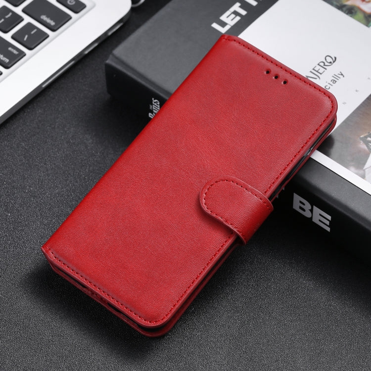 Red flip leather phone case with card holder strap, PU/TPU texture finish.
