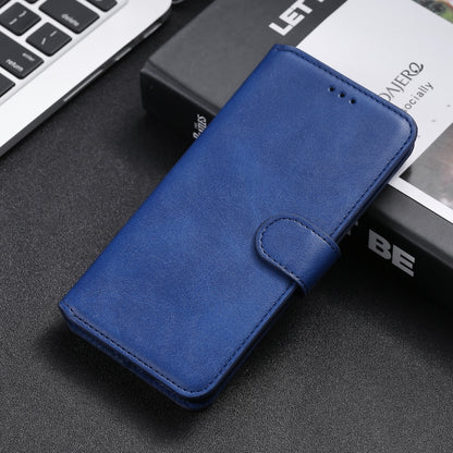 Blue horizontal flip leather phone case with card strap tab, PU/TPU texture.