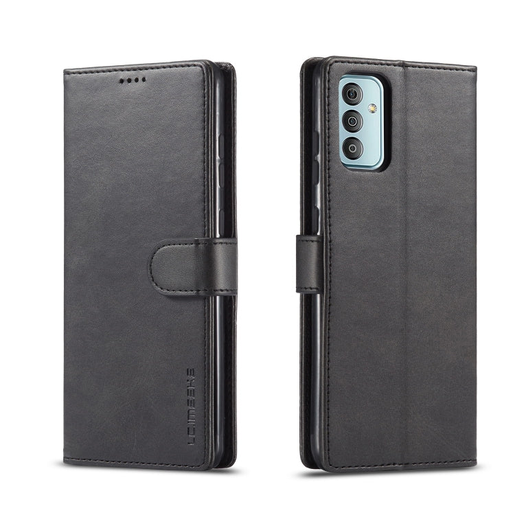 Dark gray leather phone flip case with side button cutout and magnetic strap