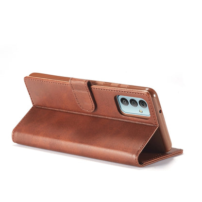 Tan brown leather phone flip case with front fold and camera opening