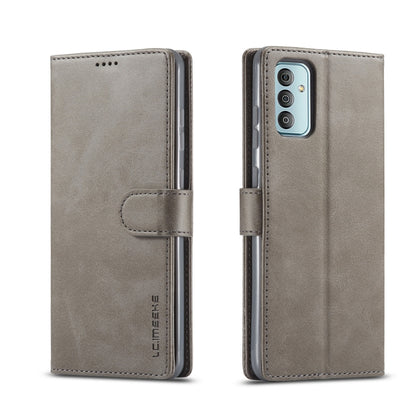 Light gray leather phone flip case with magnetic strap and camera opening