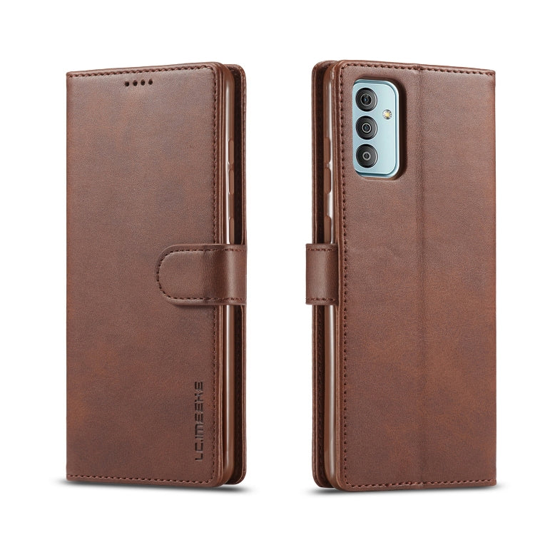 Brown leather phone flip case with magnetic strap and camera cutout