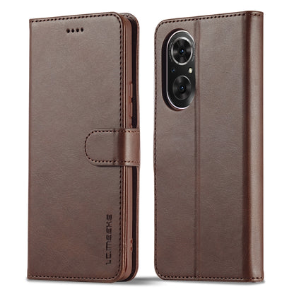 Calf-texture leather phone case with folio flap, coffee brown, dual camera cutout