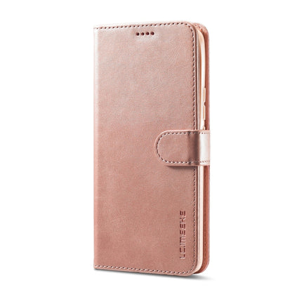 Rose gold calf-texture leather flip phone case with side button openings