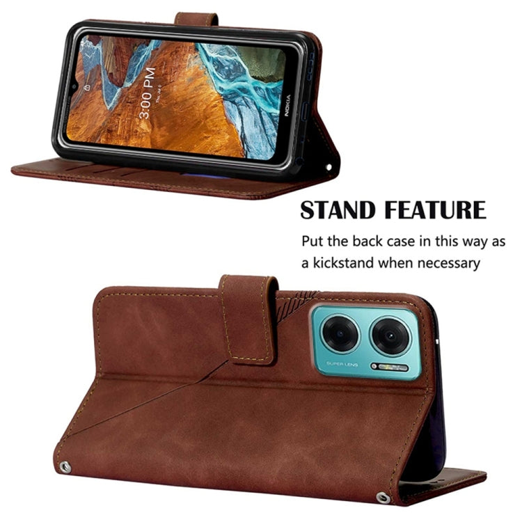 Brown flip phone case with crossbody strap and stand feature for angled viewing.