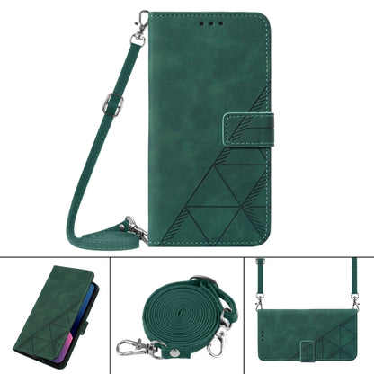 Dark green flip leather phone case with 3D embossed pattern and adjustable crossbody strap.