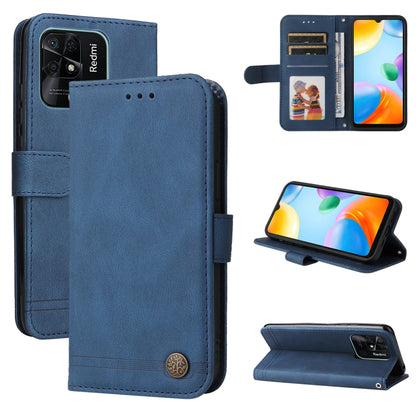 Blue leather wallet phone case with metal button, card slots, and folio cover.