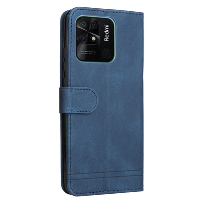 Blue leather phone case with camera cutout and side card pocket, metal button.