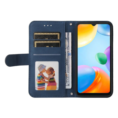 Blue leather wallet phone case with inner card slots and viewing window, metal button.