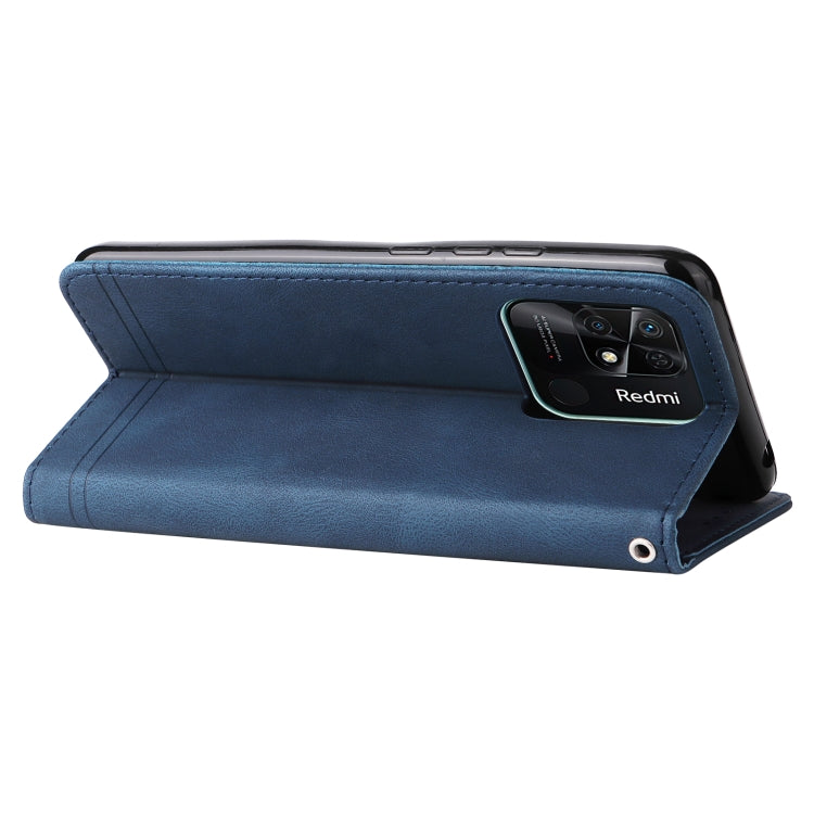 Blue leather phone case stand view with camera cutout and side strap, metal button.