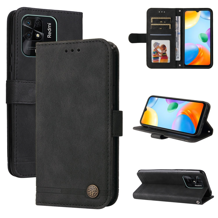 Black leather wallet phone case with metal button, card slots, and folio cover.