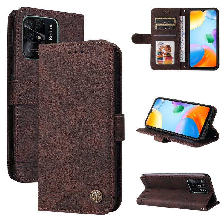 Brown leather wallet phone case with metal button, card slots, and folio cover.