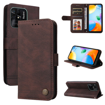 Brown leather wallet phone case with metal button, card slots, and folio cover.