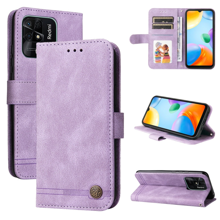 Purple leather wallet phone case with metal button, card slots, and folio cover.
