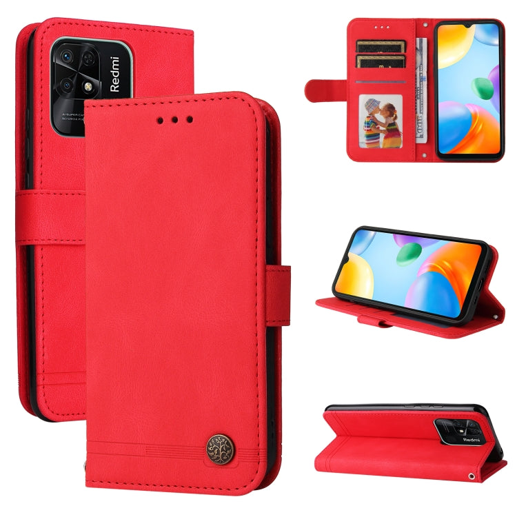 Red leather wallet phone case with metal button, card slots, and folio cover.