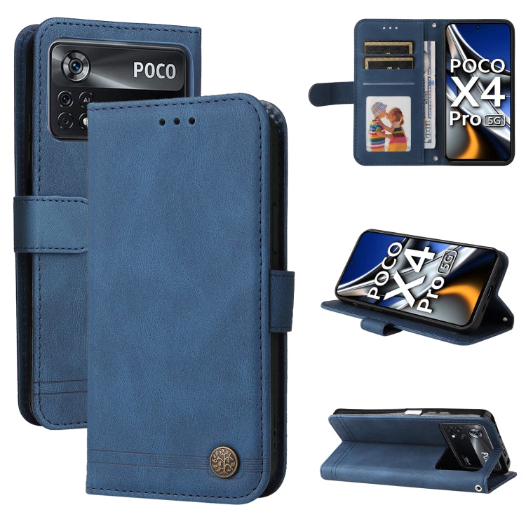 Blue leather wallet phone case with metal button, folio stand and card slots.