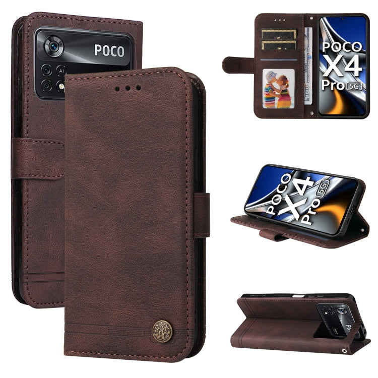 Brown leather wallet phone case with metal button, folio stand and card slots.