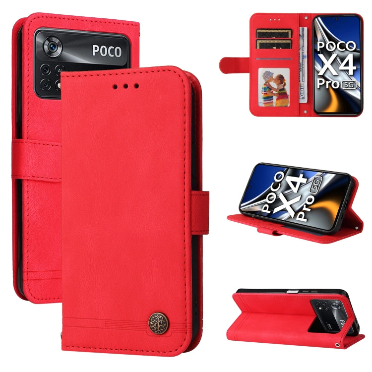 Red leather wallet phone case with metal button, folio stand and card slots.